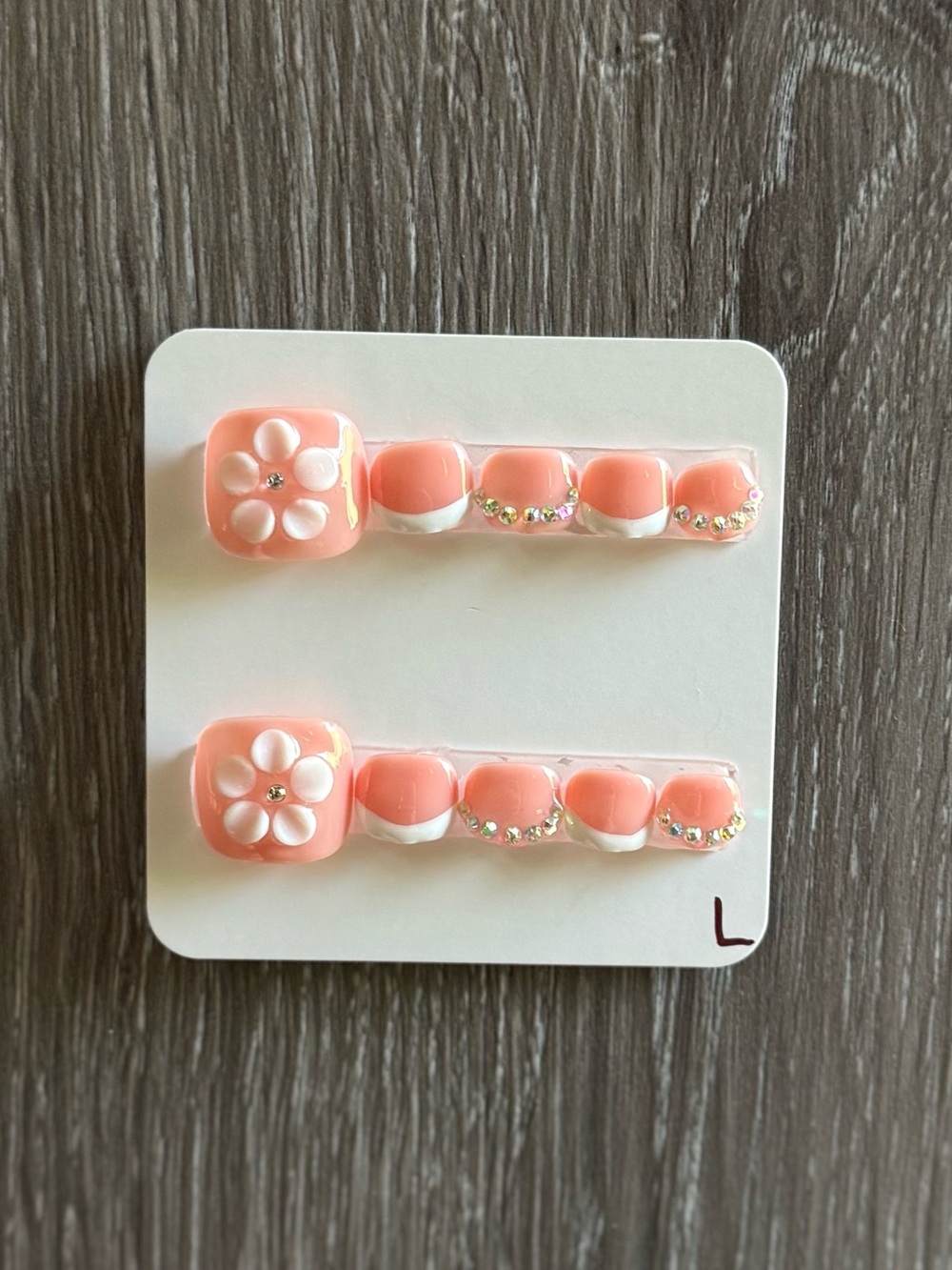Peach Floral Rhinestone Press-On Toenail Set